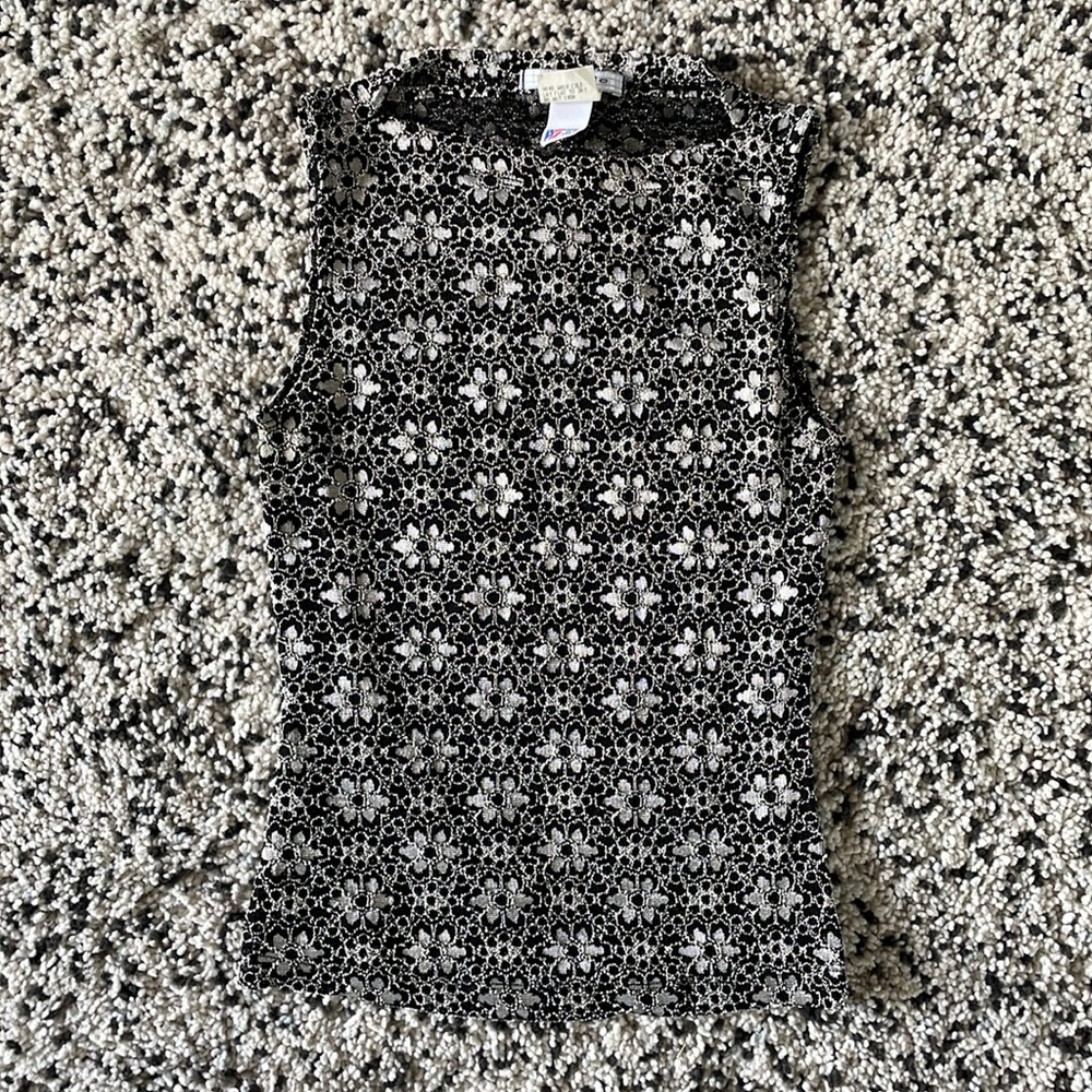 Vintage 90s La Belle Floral Sleeveless Top—Medium, Silver & Black